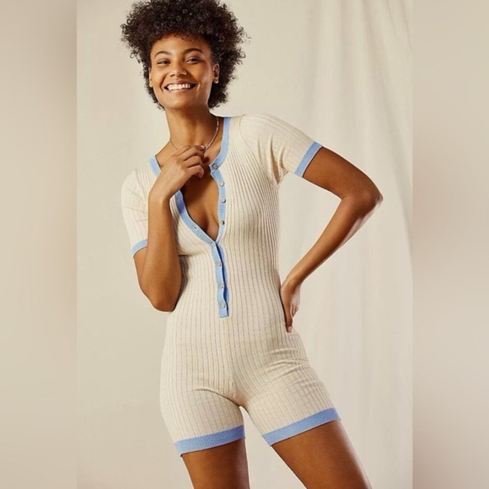 Free People Cream Ribbed Henley Romper with Light Blue Trim